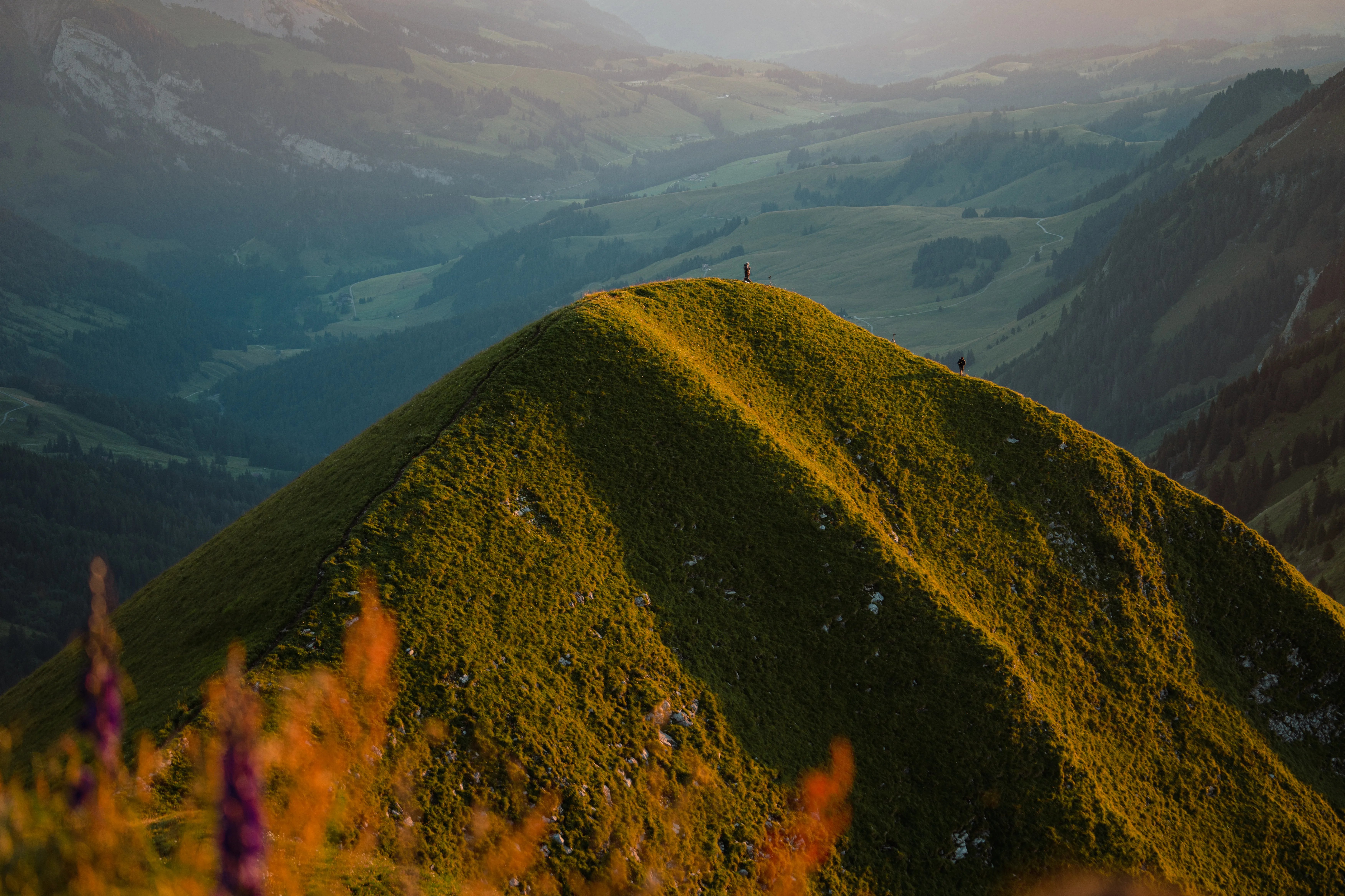Two hikers on a grassy mountain ridge at sunset.