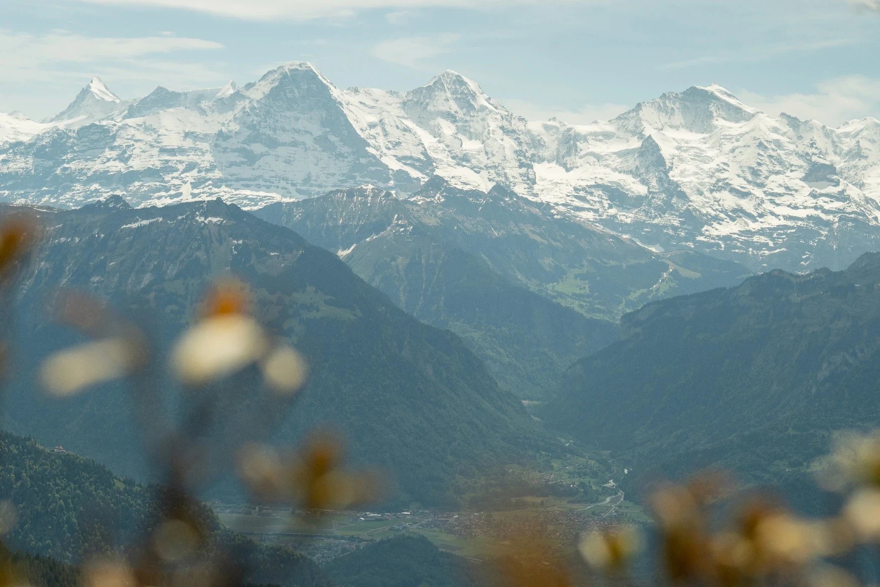 Eiger, Mönch and Jungfrau overlooking a valley village.