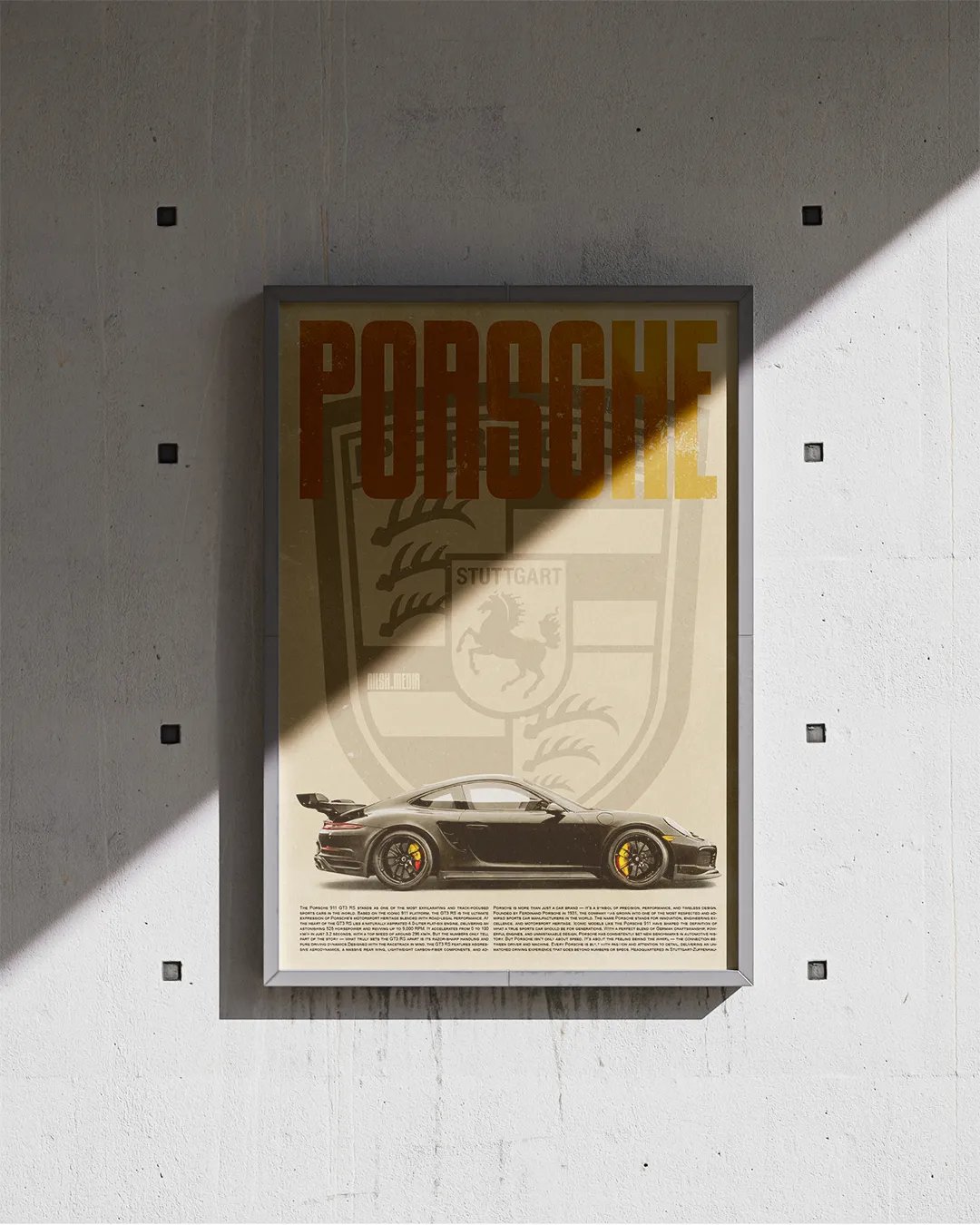 Retro Porsche Plakat auf weisser Wand