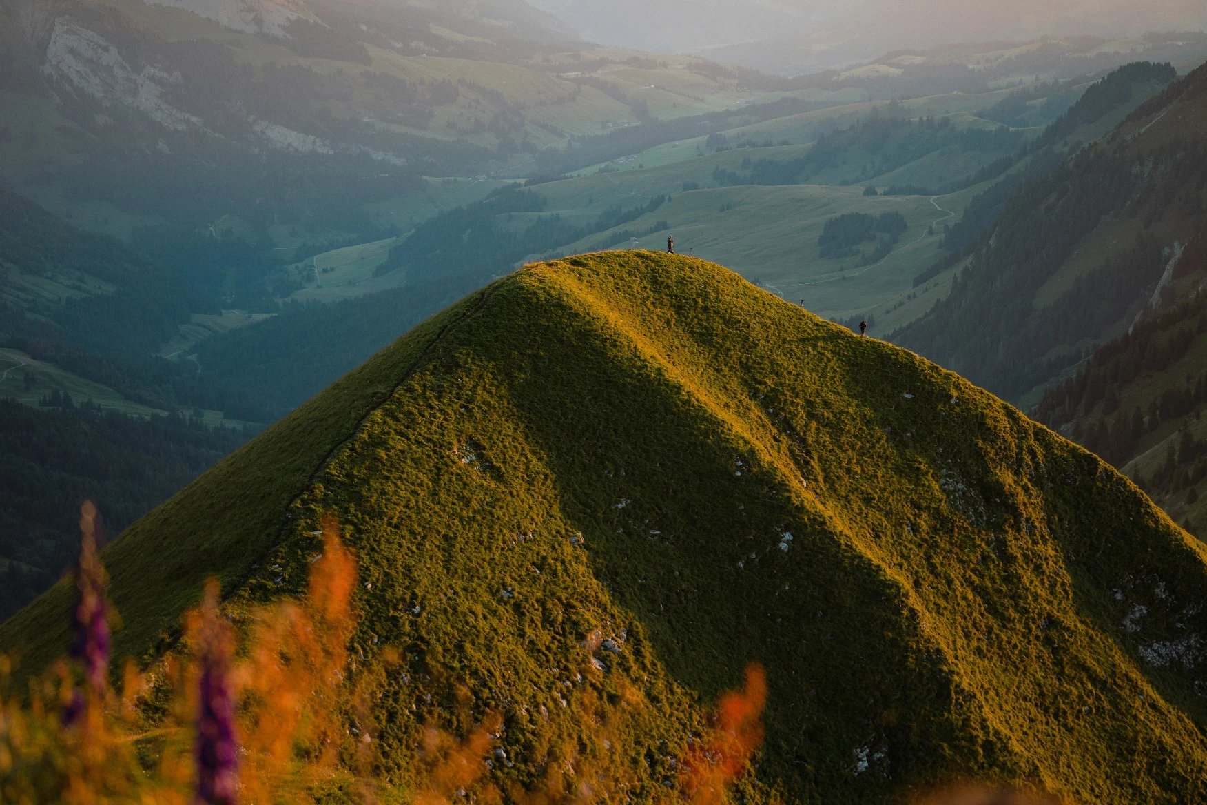 Two hikers on a grass-covered mountain peak at sunset.